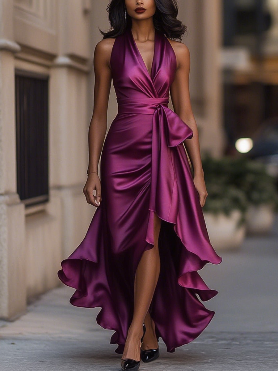 Mitternachts-Eleganz Satin Halter Rüschenkleid