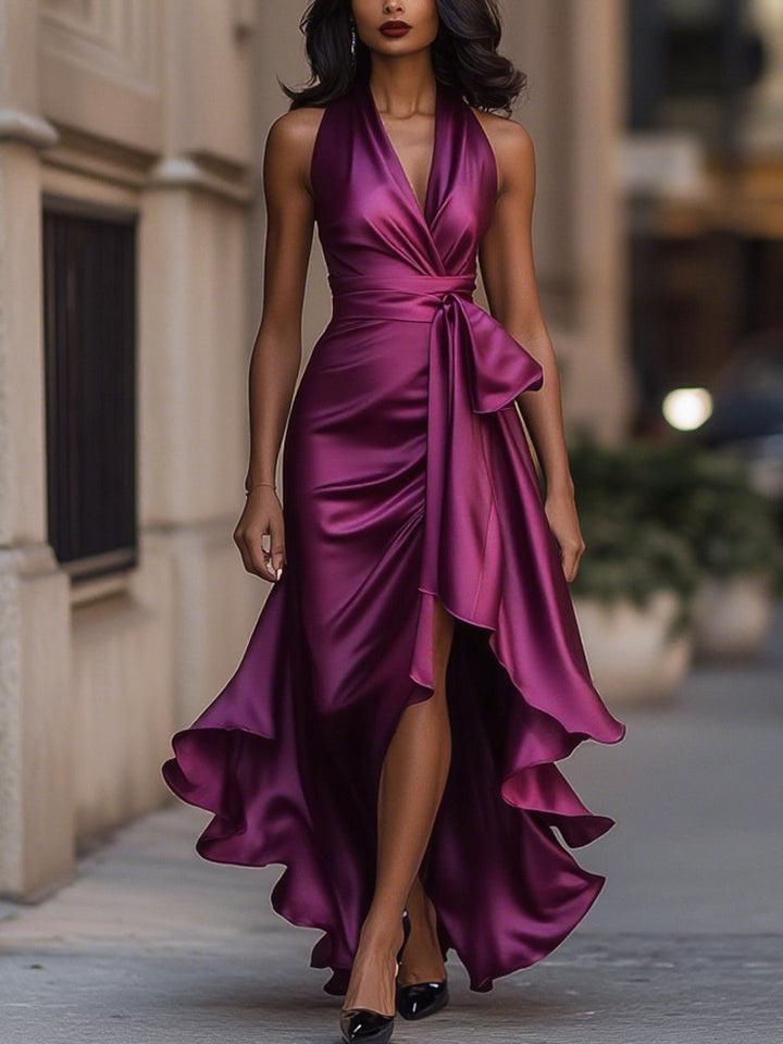 Mitternachts-Eleganz Satin Halter Rüschenkleid