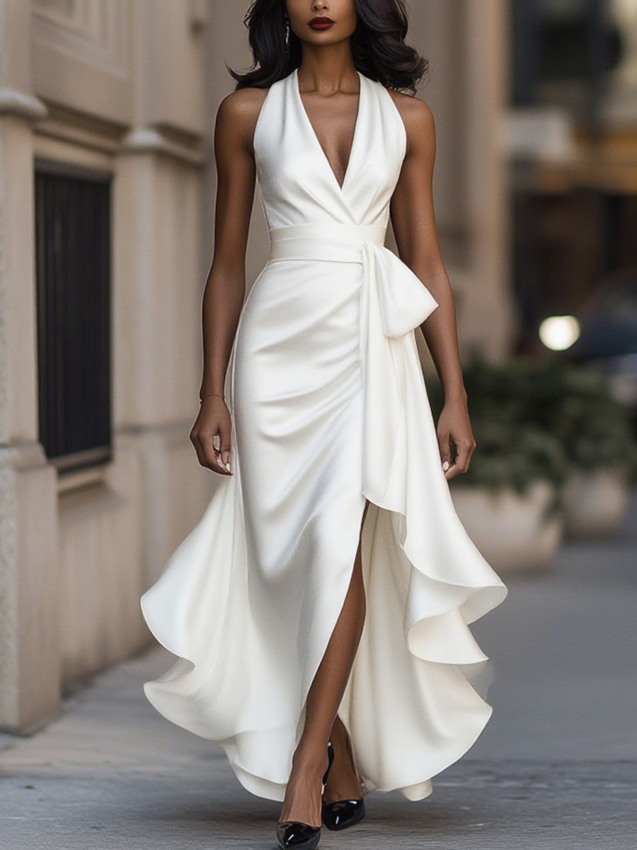 Mitternachts-Eleganz Satin Halter Rüschenkleid