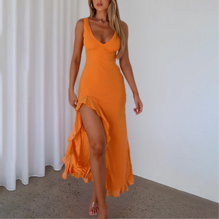 Paige | Elegantes ärmelloses V-Ausschnitt-Maxikleid mit asymmetrischem Schlitz