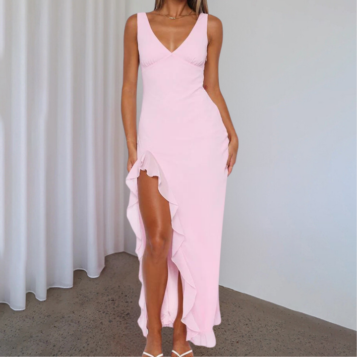 Paige | Elegantes ärmelloses V-Ausschnitt-Maxikleid mit asymmetrischem Schlitz