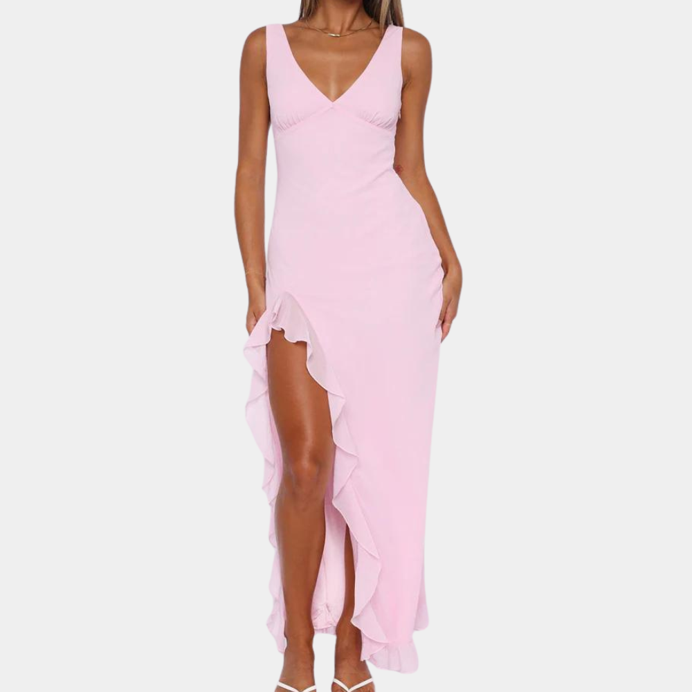 Paige | Elegantes ärmelloses V-Ausschnitt-Maxikleid mit asymmetrischem Schlitz