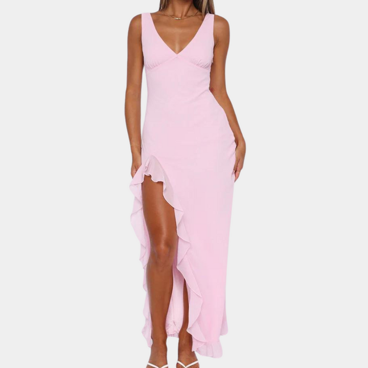 Paige | Elegantes ärmelloses V-Ausschnitt-Maxikleid mit asymmetrischem Schlitz