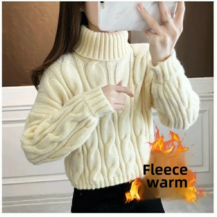 Short Knitted Sweater High Neck Twist Loose High Waist Autumn Winter Fashionable Women's Top Korean Style Small Size