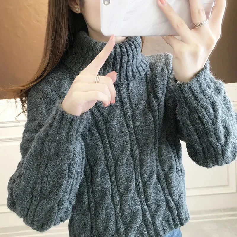Short Knitted Sweater High Neck Twist Loose High Waist Autumn Winter Fashionable Women's Top Korean Style Small Size