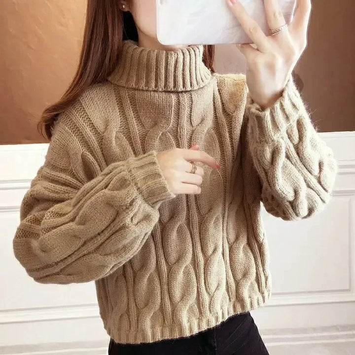 Short Knitted Sweater High Neck Twist Loose High Waist Autumn Winter Fashionable Women's Top Korean Style Small Size
