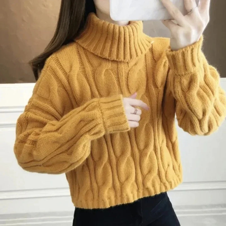 Short Knitted Sweater High Neck Twist Loose High Waist Autumn Winter Fashionable Women's Top Korean Style Small Size