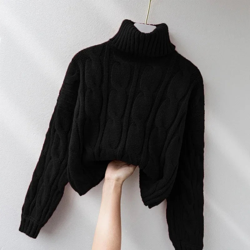 Short Knitted Sweater High Neck Twist Loose High Waist Autumn Winter Fashionable Women's Top Korean Style Small Size