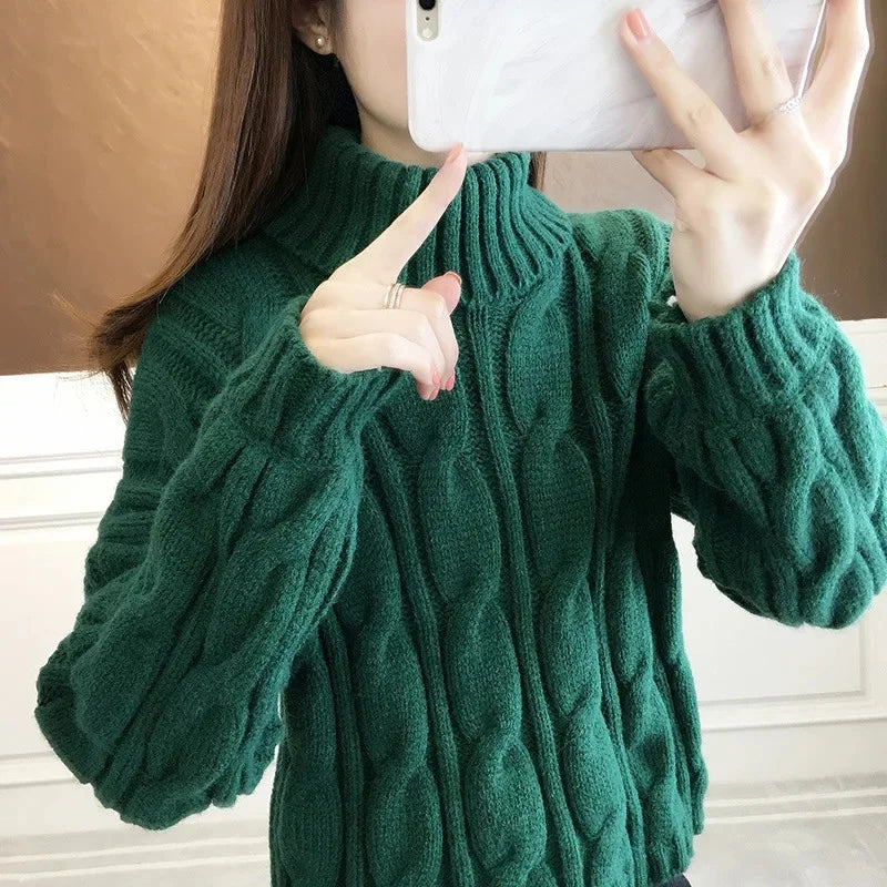 Short Knitted Sweater High Neck Twist Loose High Waist Autumn Winter Fashionable Women's Top Korean Style Small Size