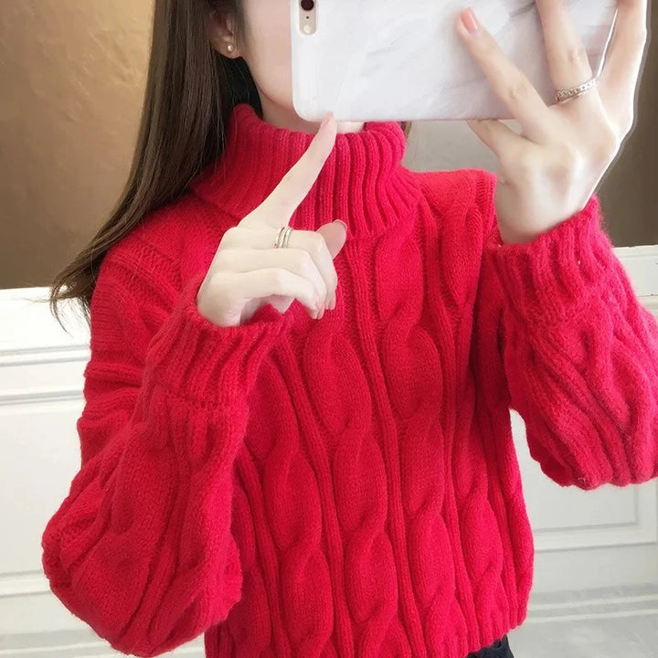 Short Knitted Sweater High Neck Twist Loose High Waist Autumn Winter Fashionable Women's Top Korean Style Small Size