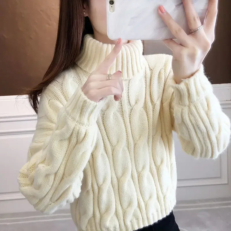 Short Knitted Sweater High Neck Twist Loose High Waist Autumn Winter Fashionable Women's Top Korean Style Small Size