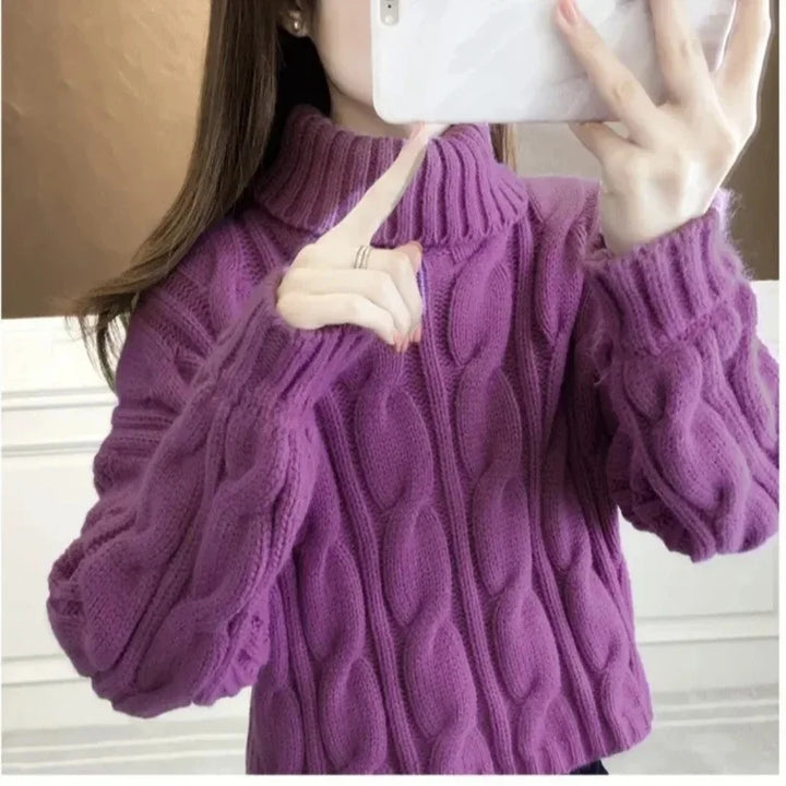 Short Knitted Sweater High Neck Twist Loose High Waist Autumn Winter Fashionable Women's Top Korean Style Small Size