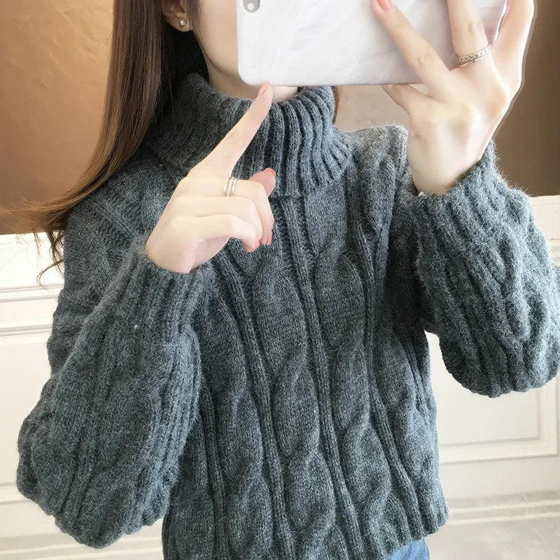 Short Knitted Sweater High Neck Twist Loose High Waist Autumn Winter Fashionable Women's Top Korean Style Small Size