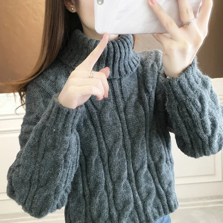 Short Knitted Sweater High Neck Twist Loose High Waist Autumn Winter Fashionable Women's Top Korean Style Small Size