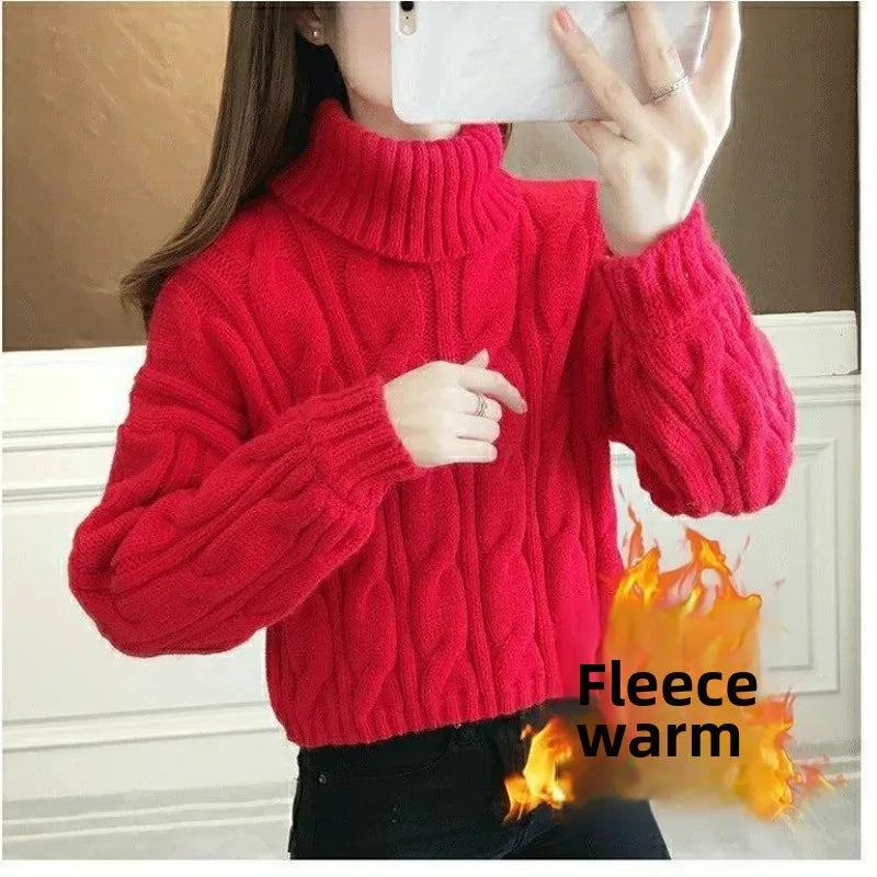 Short Knitted Sweater High Neck Twist Loose High Waist Autumn Winter Fashionable Women's Top Korean Style Small Size